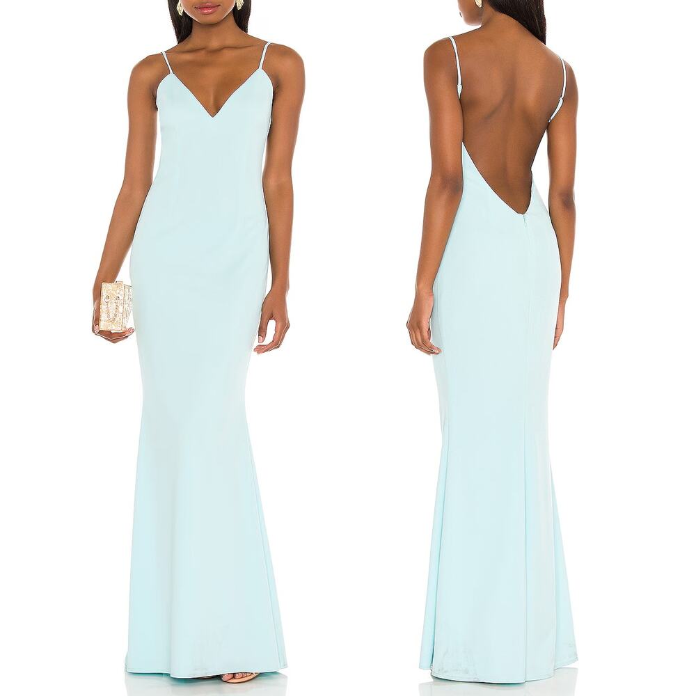 Katie May x Revolve Bambina Gown Maxi Dress Sky Blue Low Back SZ M